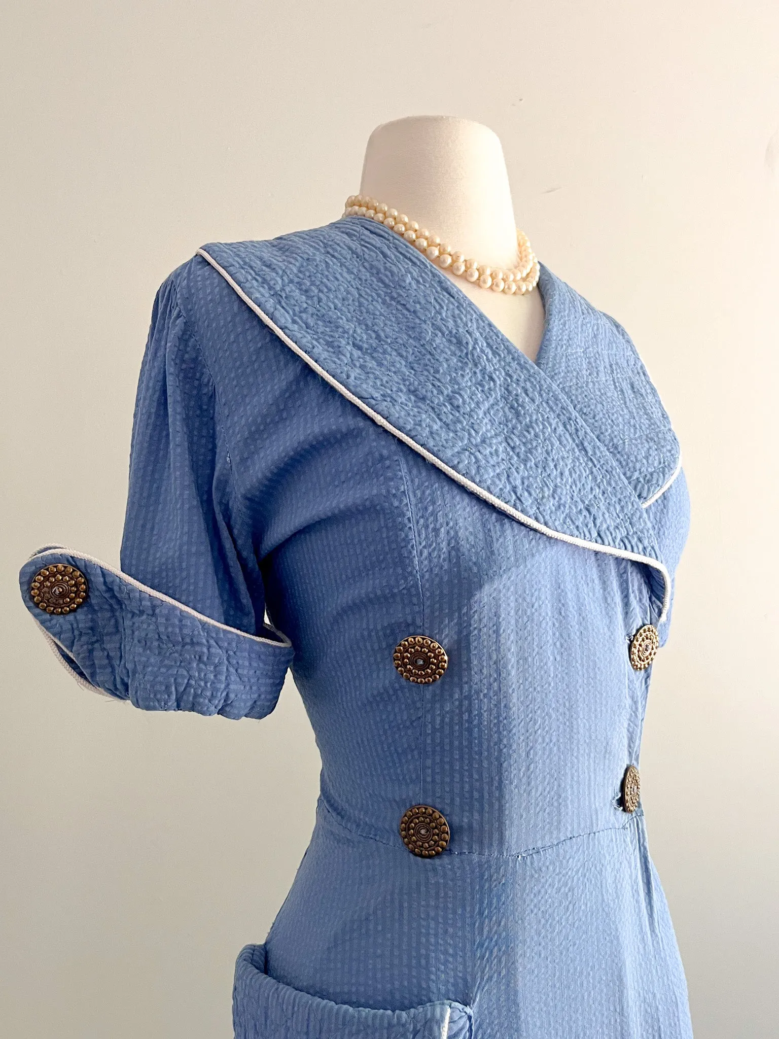 Classic 1940's Blue Cotton Seersucker Nautical Dressing Gown / Sz Small Medium