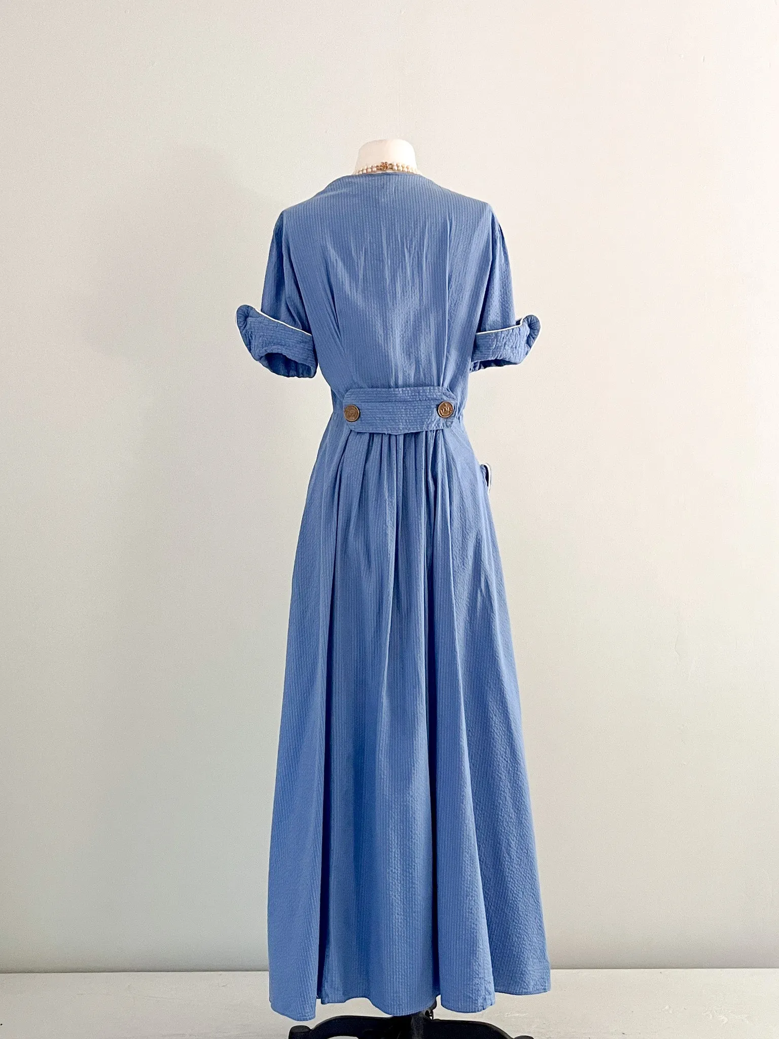 Classic 1940's Blue Cotton Seersucker Nautical Dressing Gown / Sz Small Medium