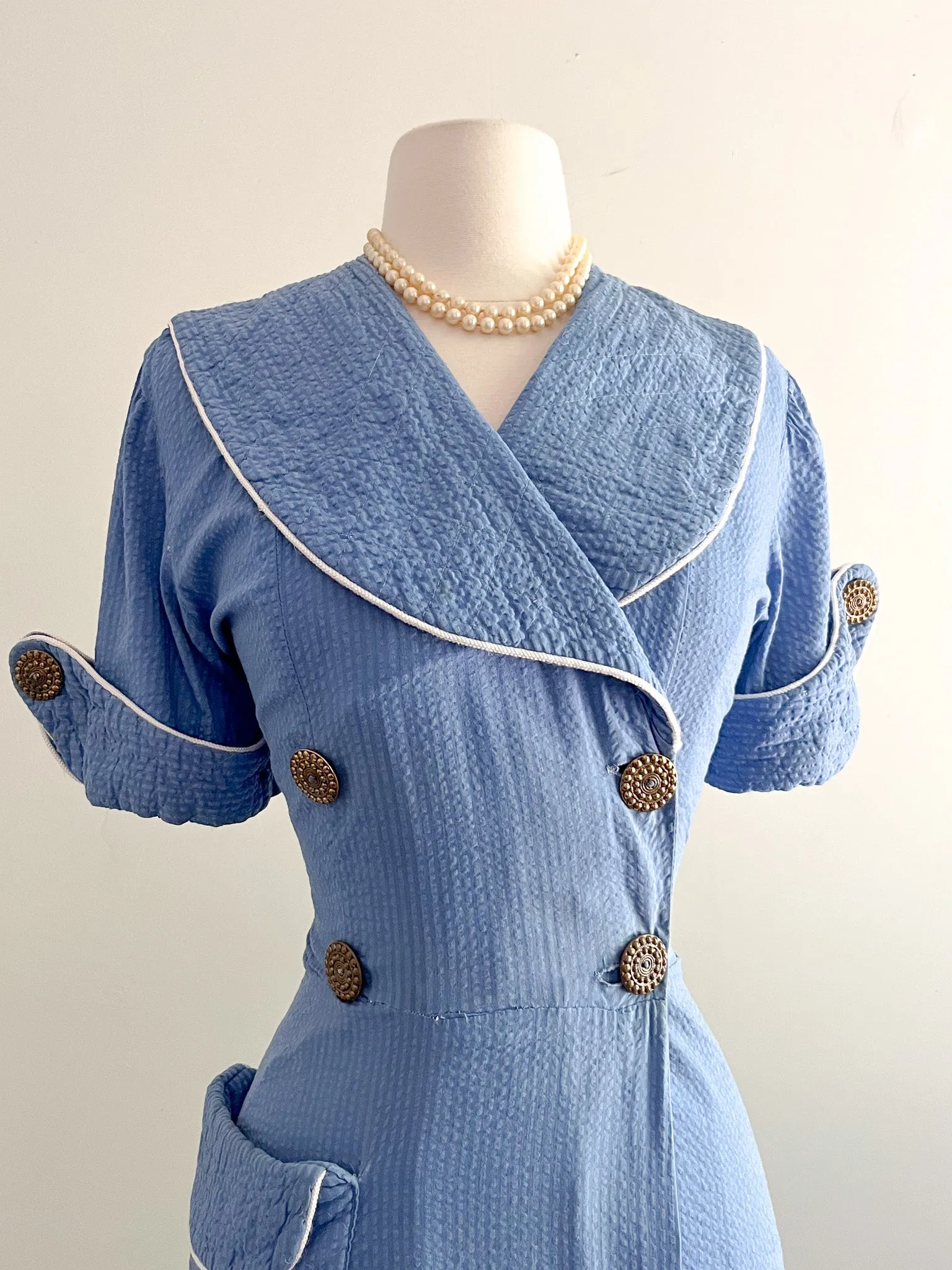 Classic 1940's Blue Cotton Seersucker Nautical Dressing Gown / Sz Small Medium