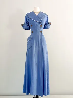 Classic 1940's Blue Cotton Seersucker Nautical Dressing Gown / Sz Small Medium