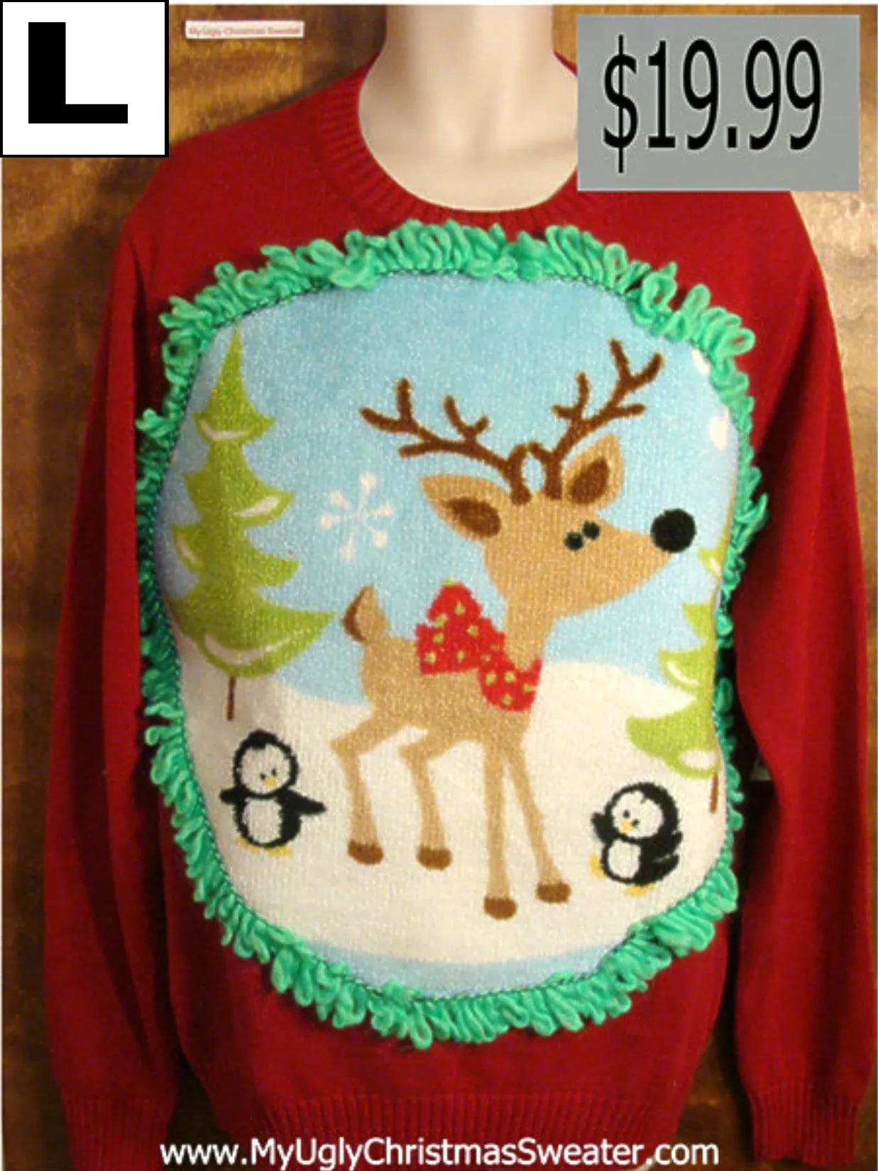 Crewneck Reindeer and Penguin Christmas Sweater