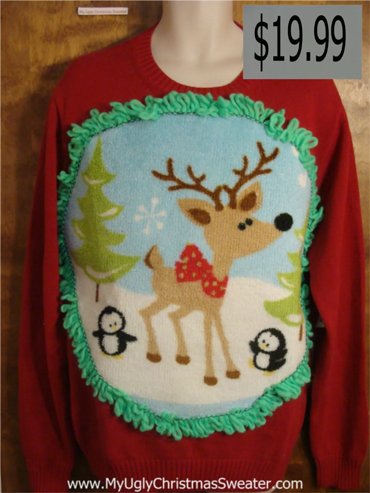 Crewneck Reindeer and Penguin Christmas Sweater