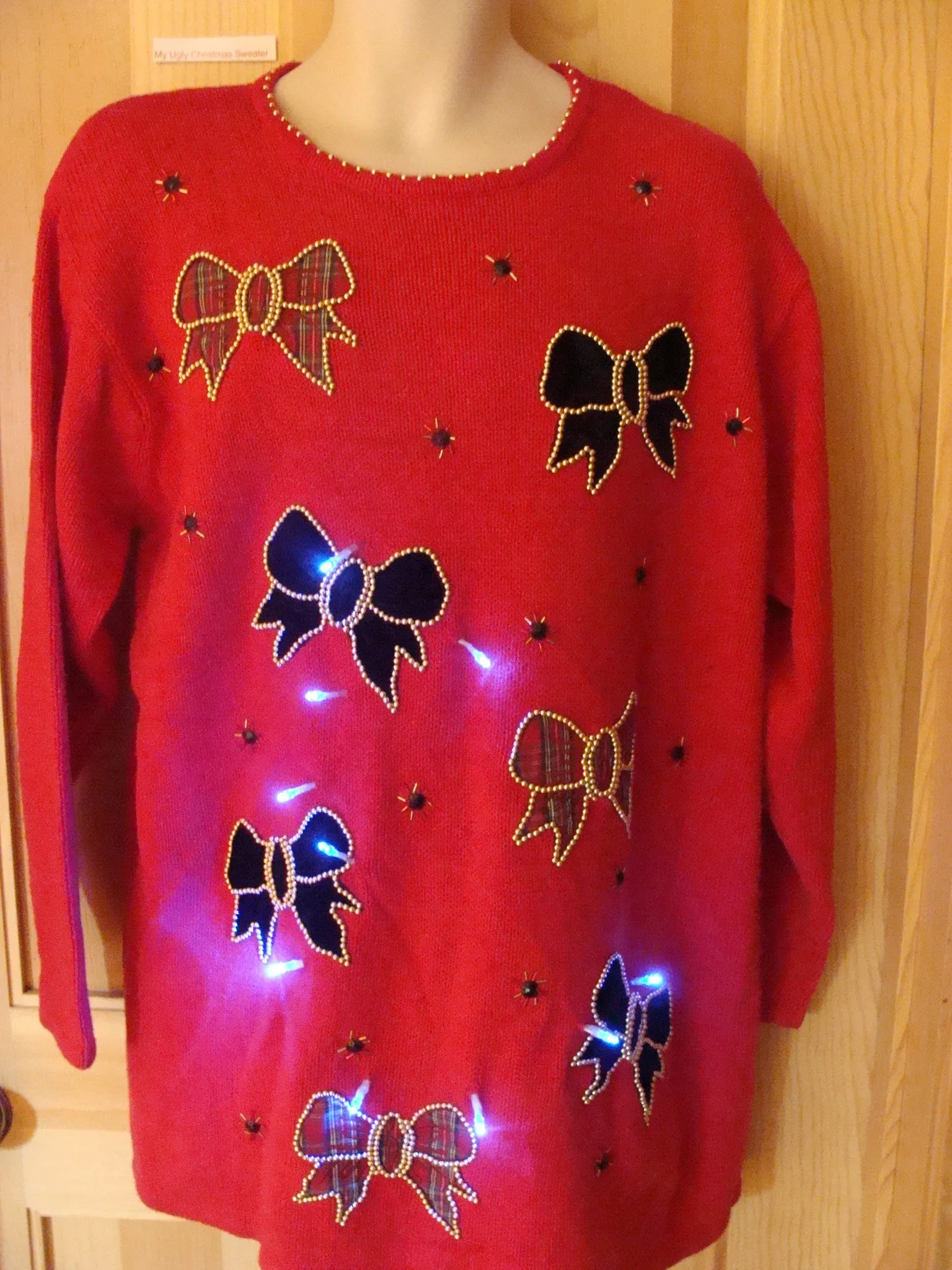 Funny 80s Red Christmas Sweater with Lights Plaid Bows