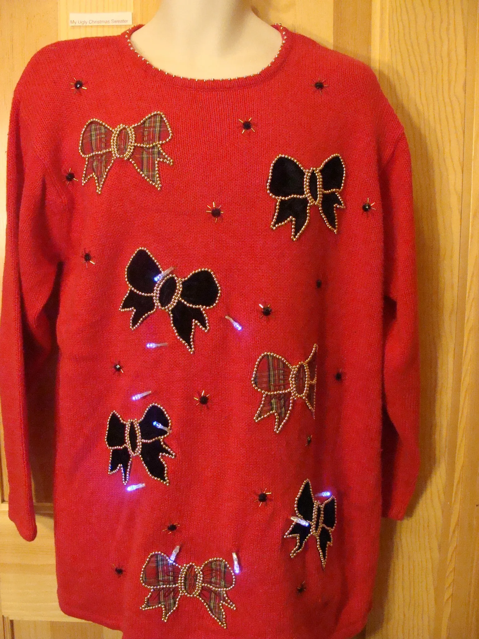 Funny 80s Red Christmas Sweater with Lights Plaid Bows