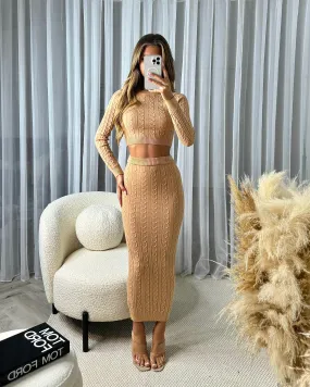 Gemma Cable Knit Skirt & Crop Jumper Set - Camel