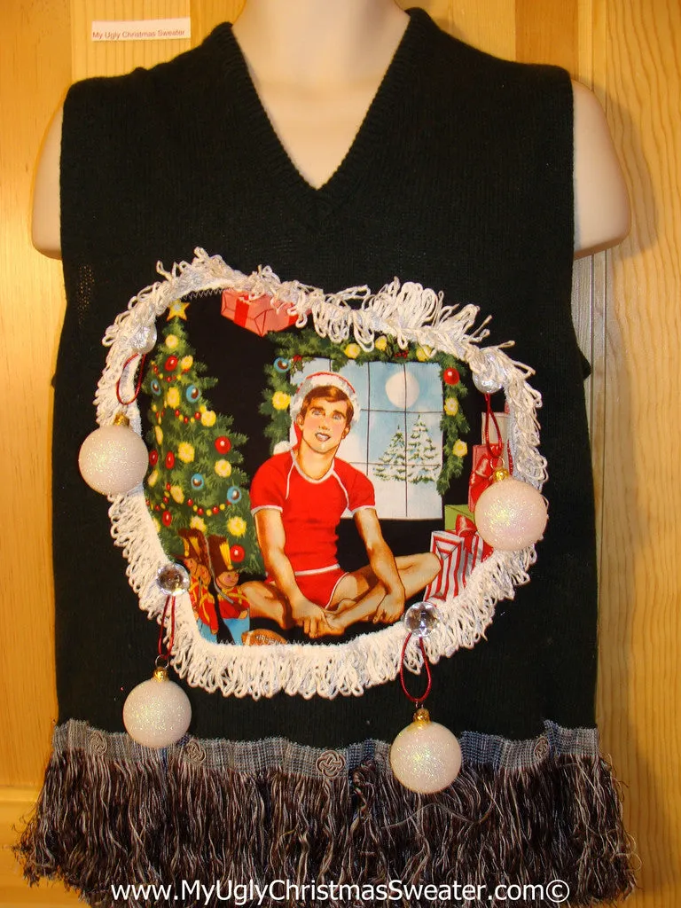 Hottie Guy Tacky Ugly Christmas Mens Sweater Vest Dangling Fringe & 3D Ornaments (b42)