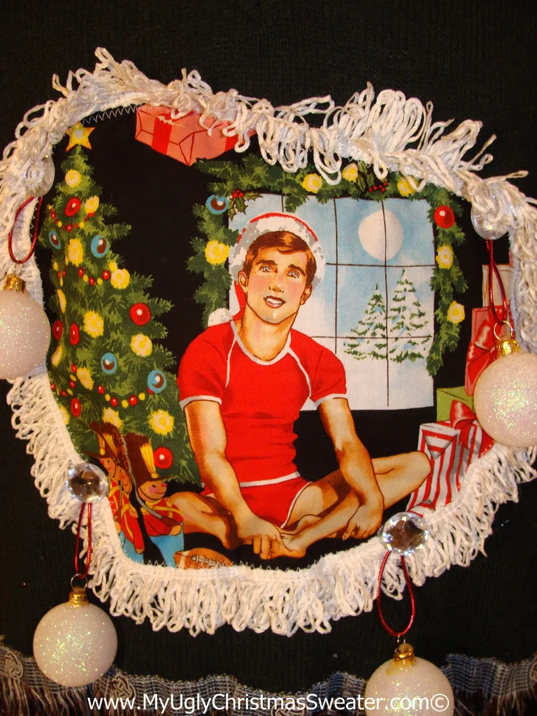 Hottie Guy Tacky Ugly Christmas Mens Sweater Vest Dangling Fringe & 3D Ornaments (b42)