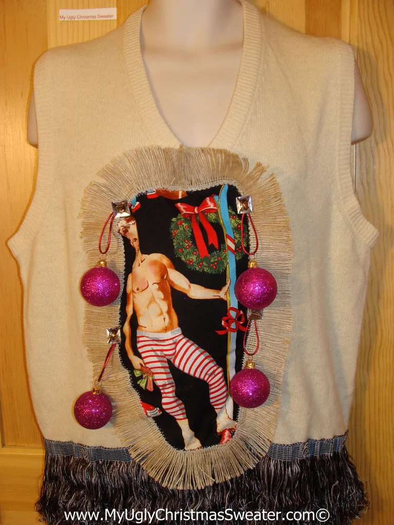 Hottie Guy Tacky Ugly Christmas Mens Sweater Vest Dangling Fringe & 3D Ornaments (b43)