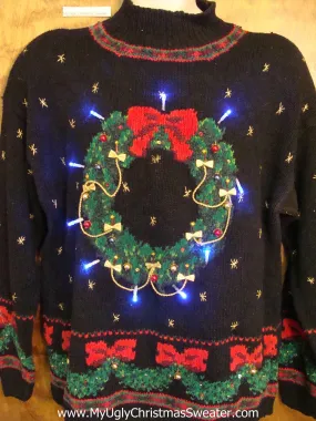 Huge Wreath 80s Style Light Up Ugly Xmas Sweater