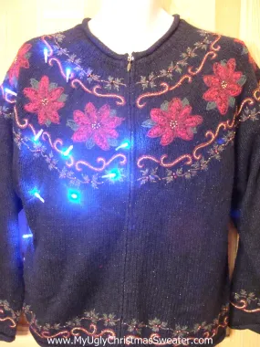 Light Up Ugly Xmas Sweater 2sided Poinsettias Nordic