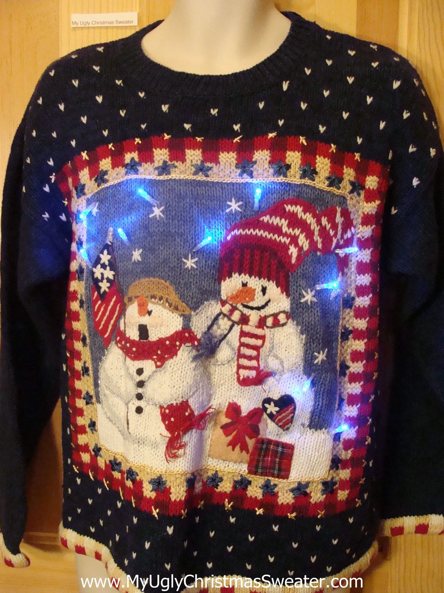 Light Up Ugly Xmas Sweater Patriotic Snowmen with Flag