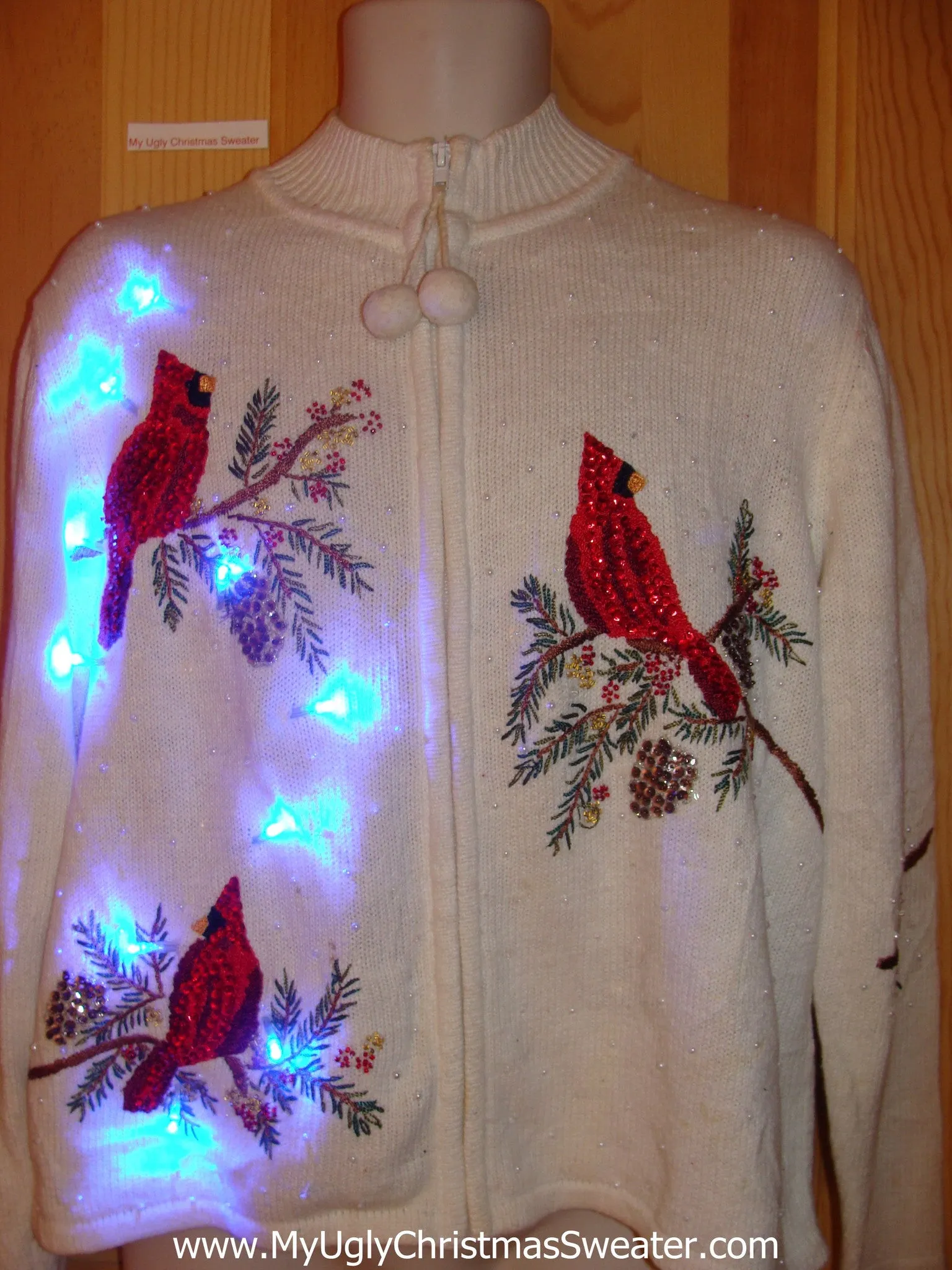 Light Up Ugly Xmas Sweater Red Bling Cardinal Birds