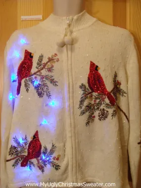 Light Up Ugly Xmas Sweater Red Bling Cardinal Birds