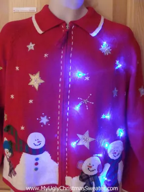 Light Up Ugly Xmas Sweater Snowmen and Snowflakes