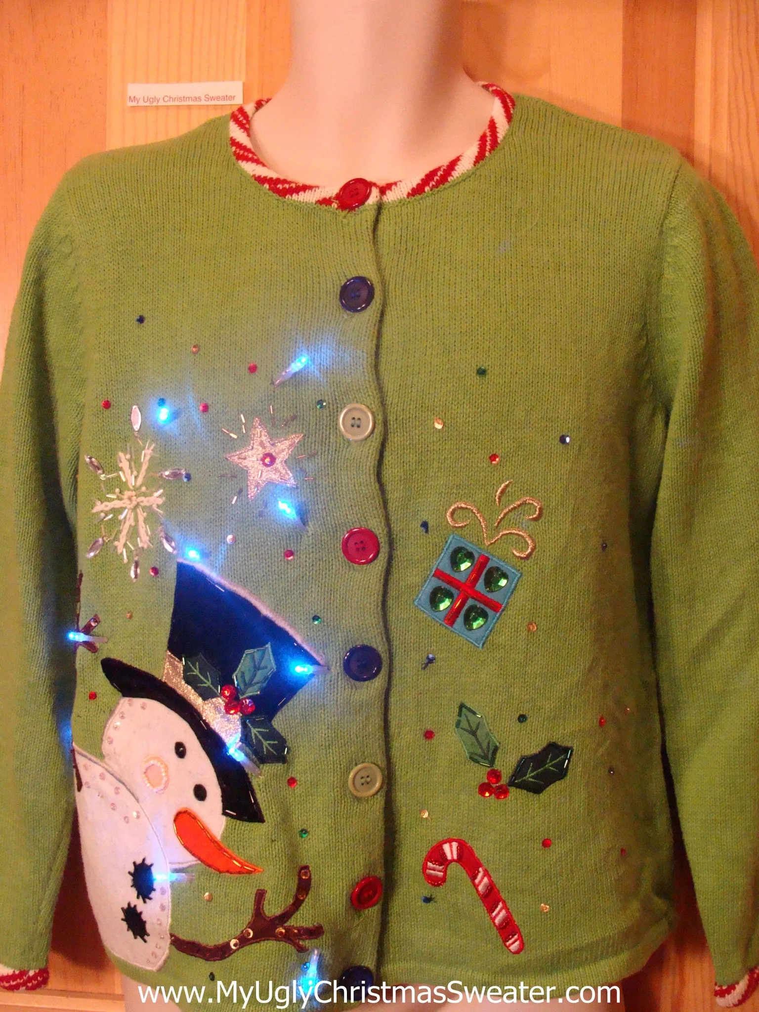 Lime Green Cardigan Light Up Xmas Sweater with Candy Canes and Snowman