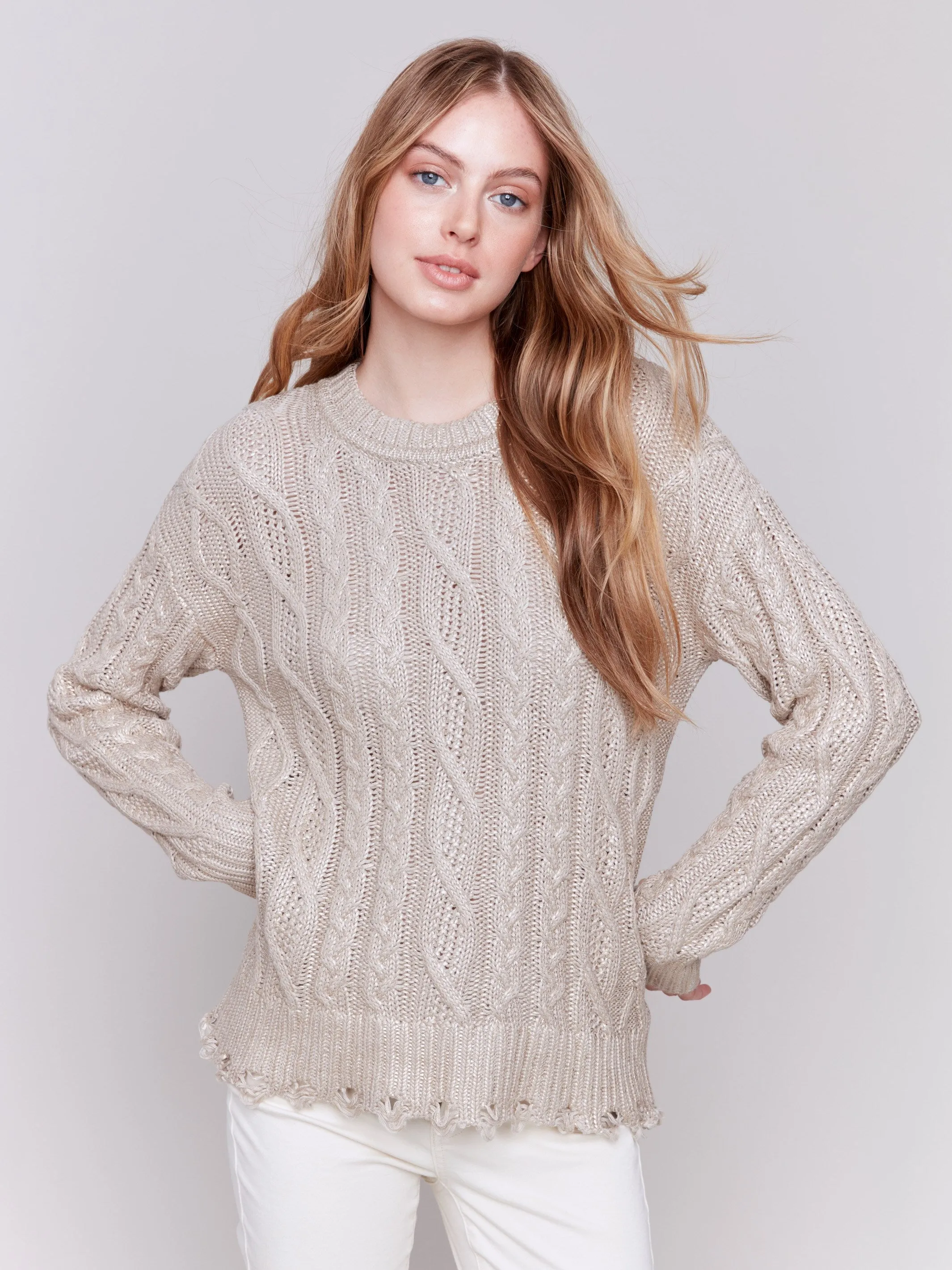 Metallic Cable Knit Sweater - Champagne