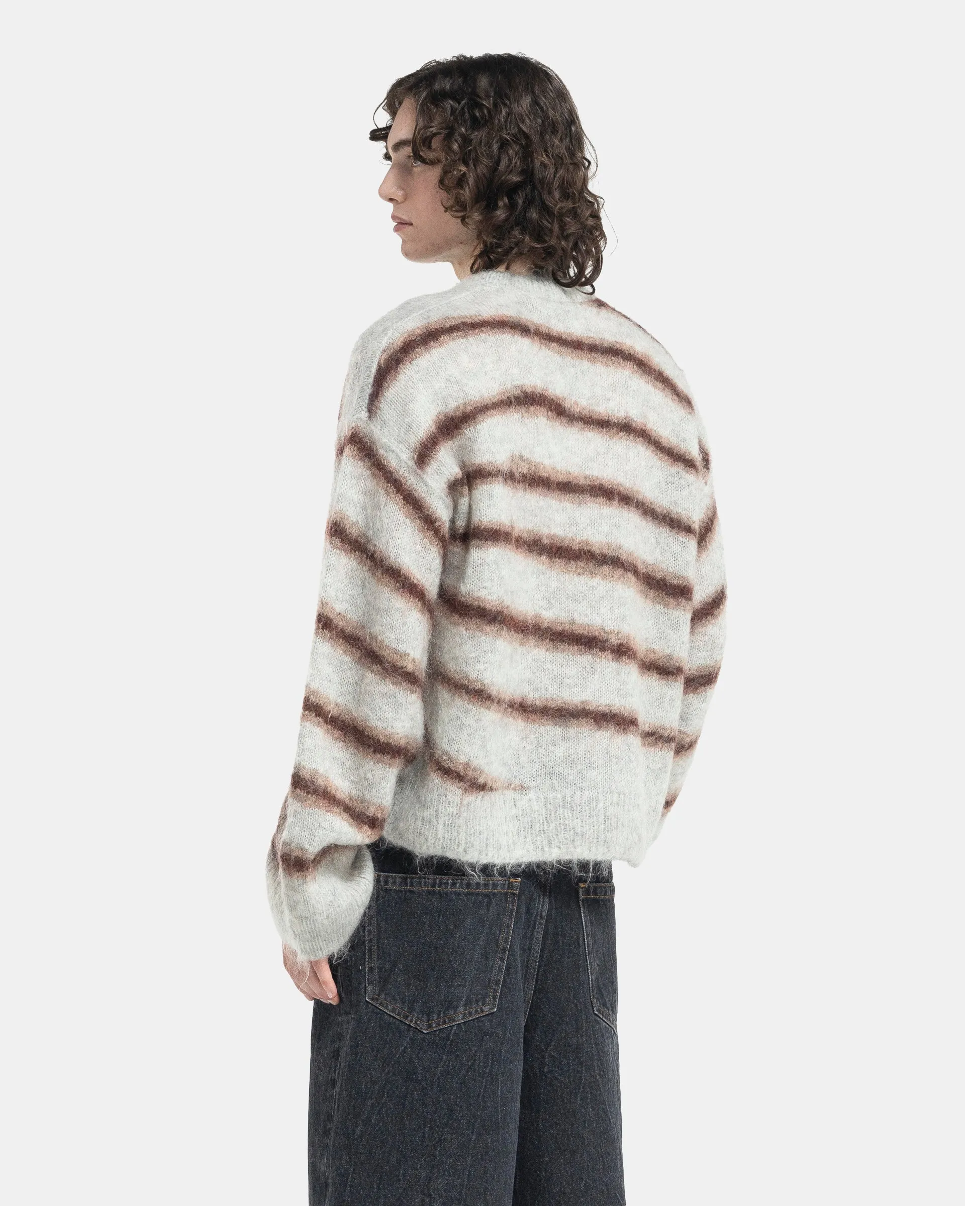 Mohair Blend Stripe Jumper in Grey Melange and Burgundy