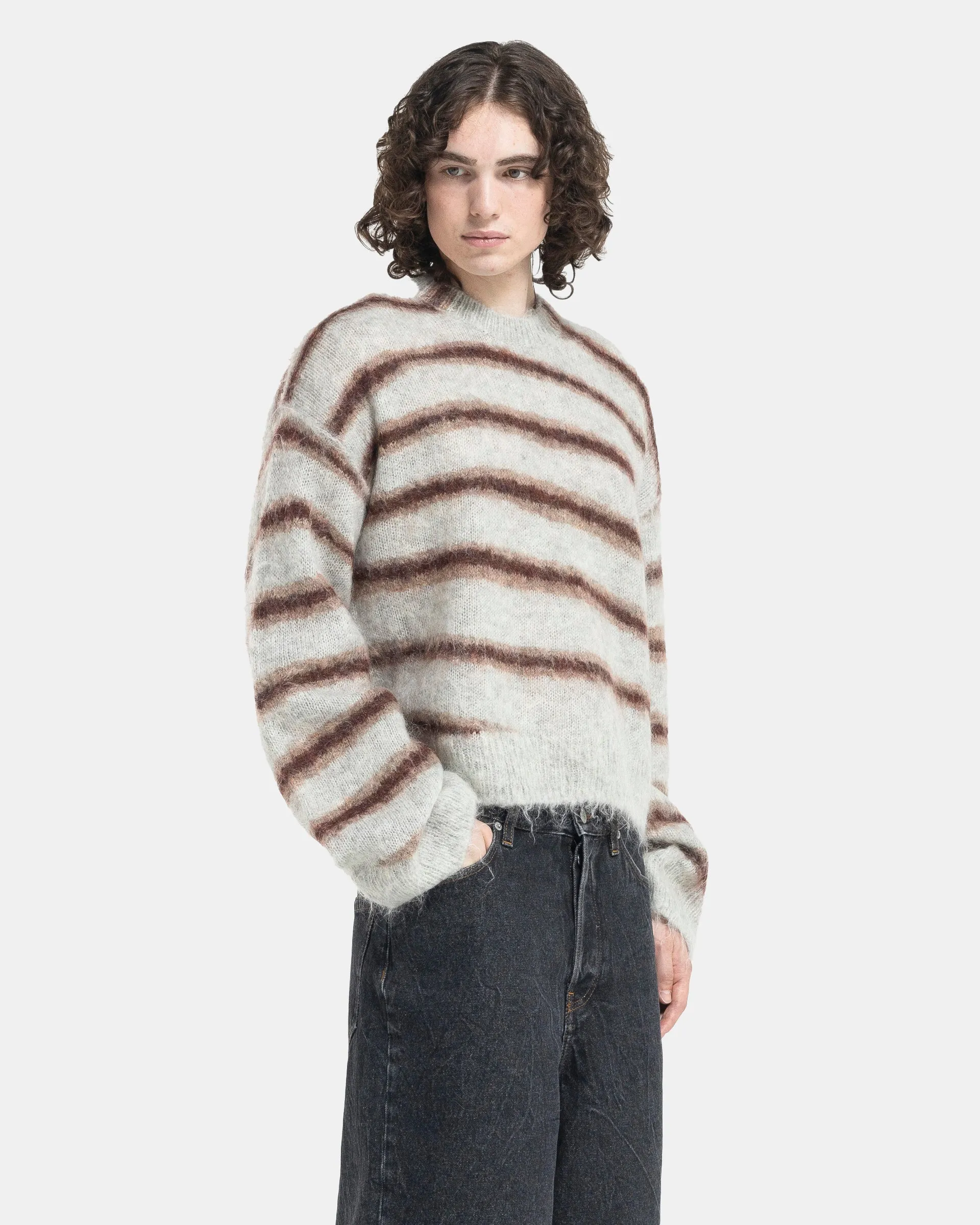 Mohair Blend Stripe Jumper in Grey Melange and Burgundy