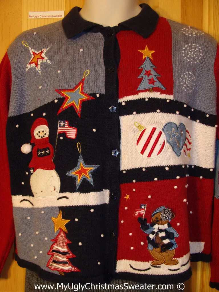 Patriotic Tacky Christmas Sweater with Bear and Snowman  (f1356)