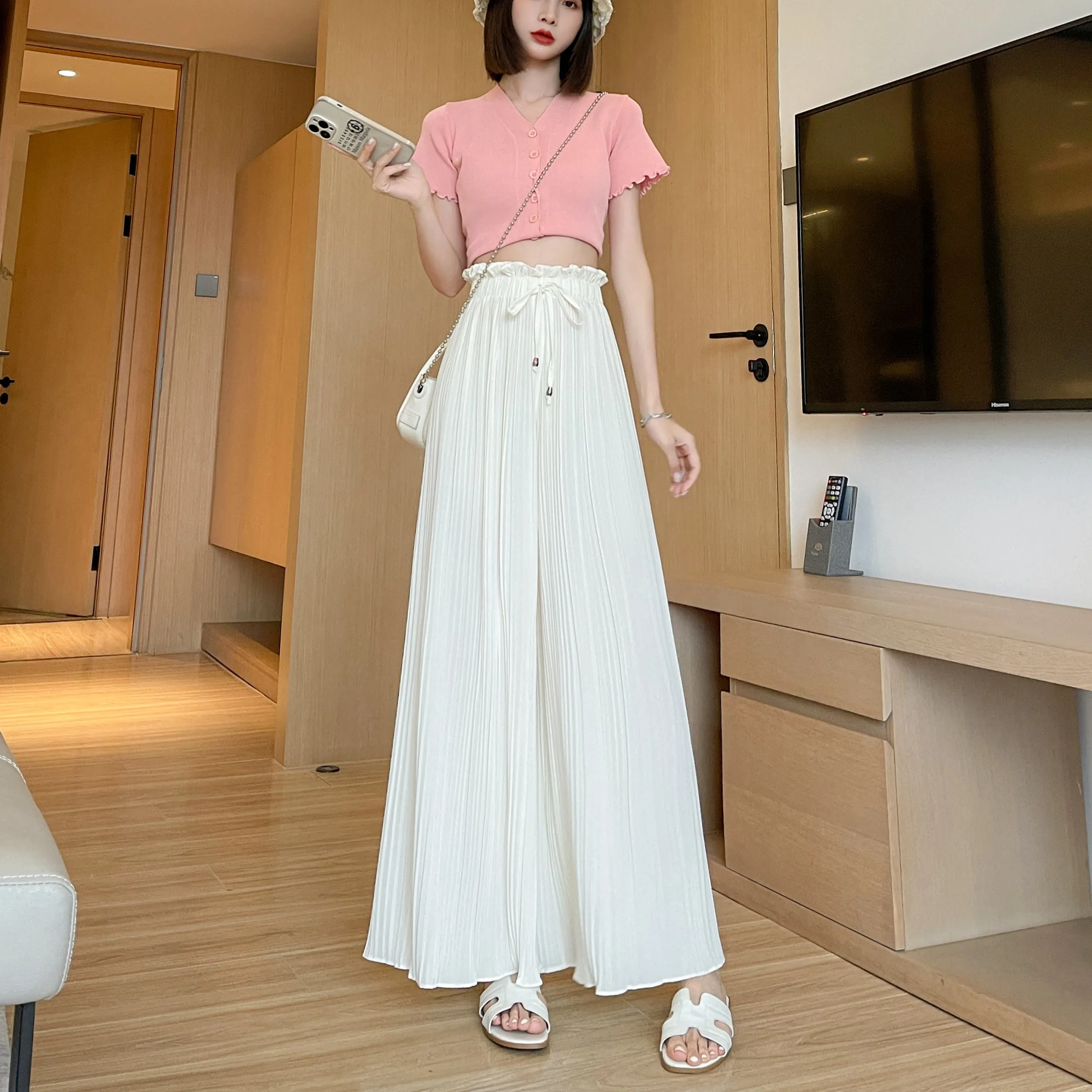 Pleated Chiffon Loose Fit High-Waisted Culottes Draping Pants