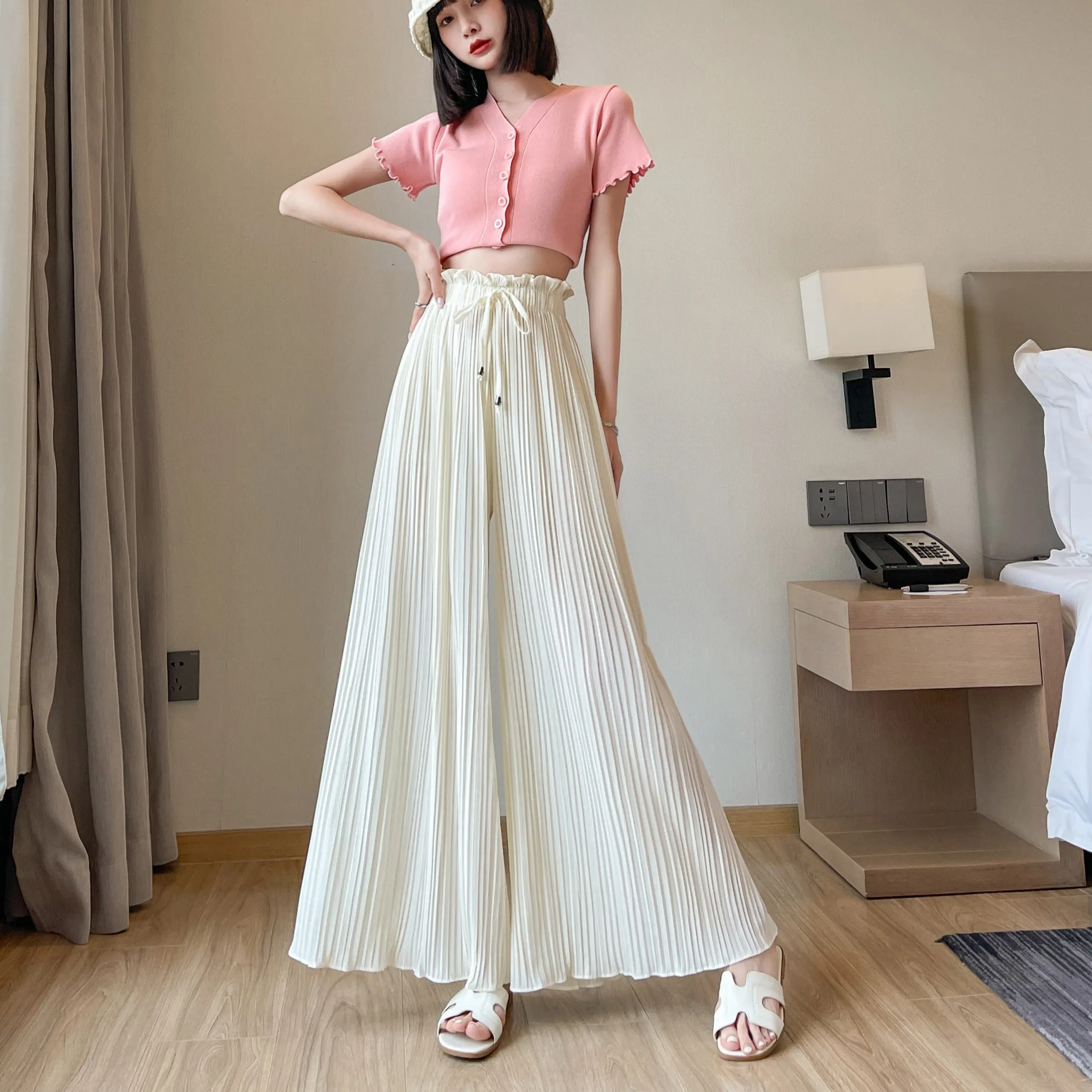 Pleated Chiffon Loose Fit High-Waisted Culottes Draping Pants