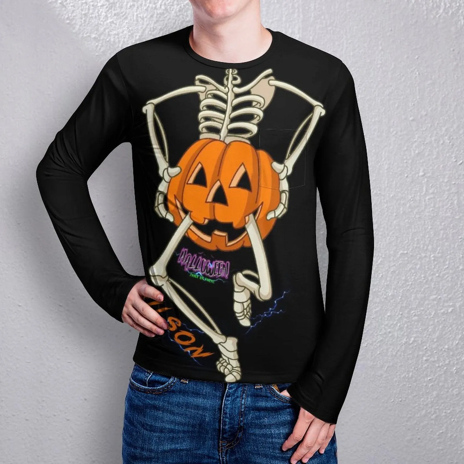 #Pocket Sweatshirt Custom Name Pumpkin Skull Loose Sweatshirt Personalized Men's Loose Sweatshirt For Halloween With Pocket