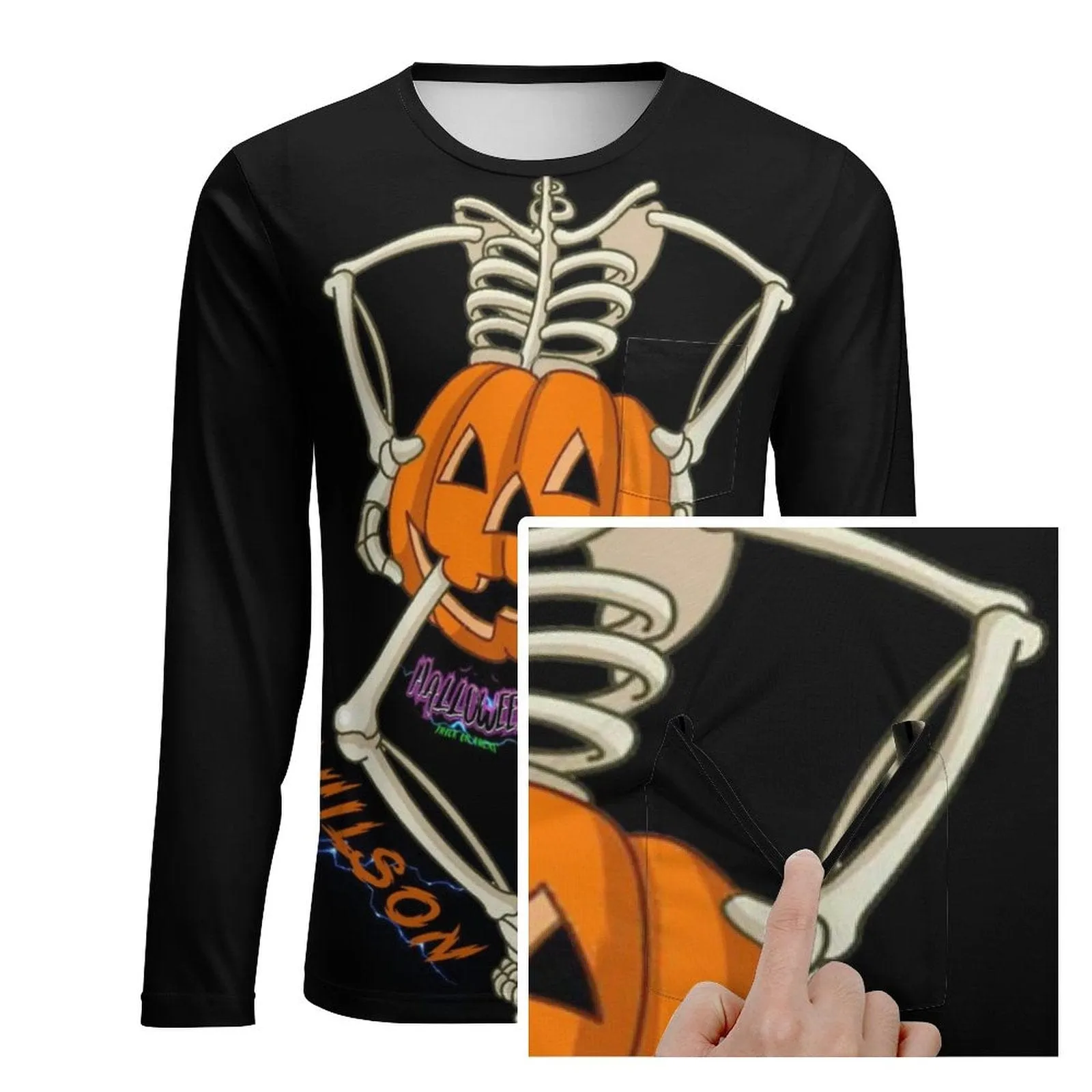 #Pocket Sweatshirt Custom Name Pumpkin Skull Loose Sweatshirt Personalized Men's Loose Sweatshirt For Halloween With Pocket