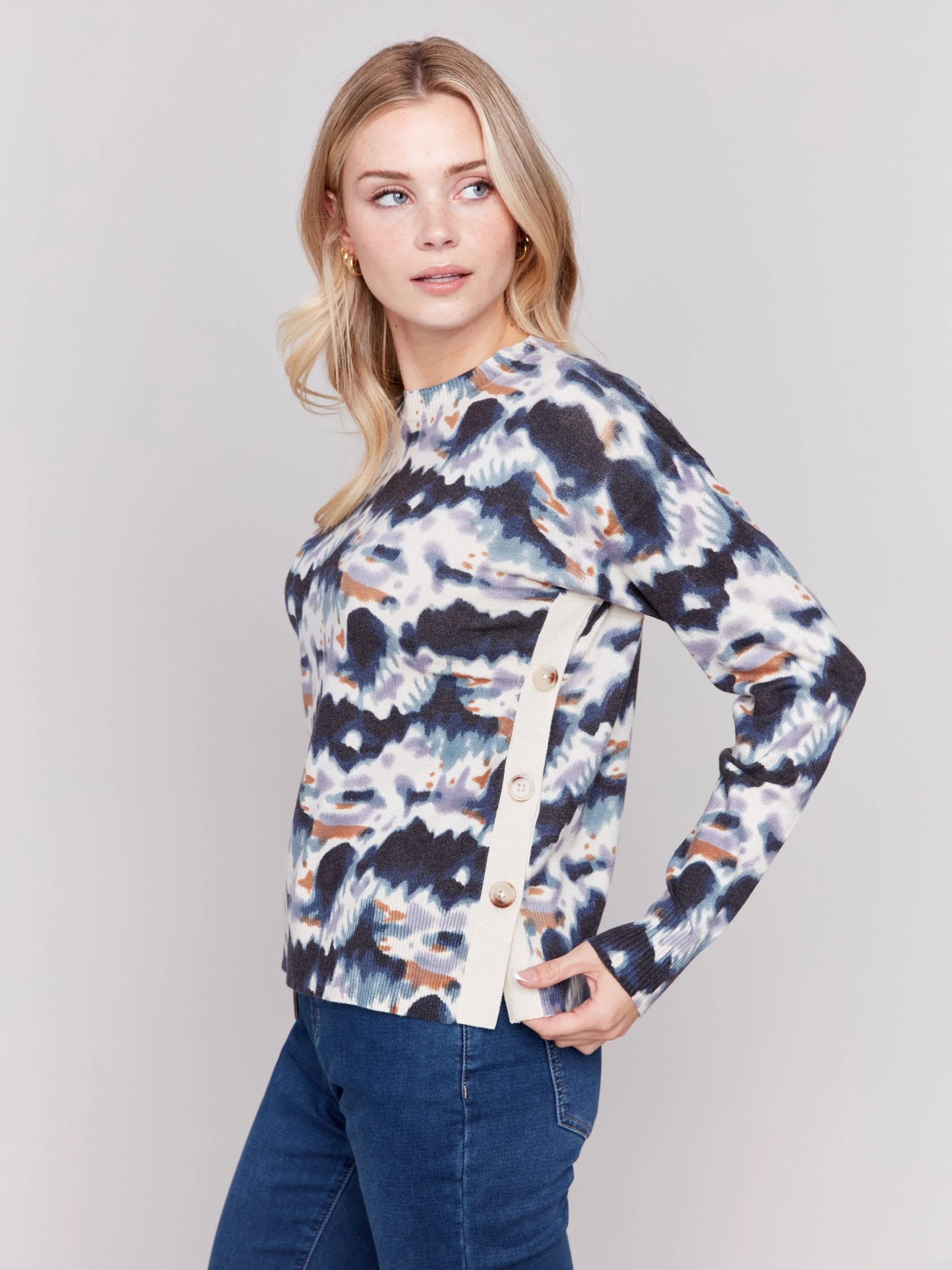 Printed Sweater with Side Buttons - Tie Dye