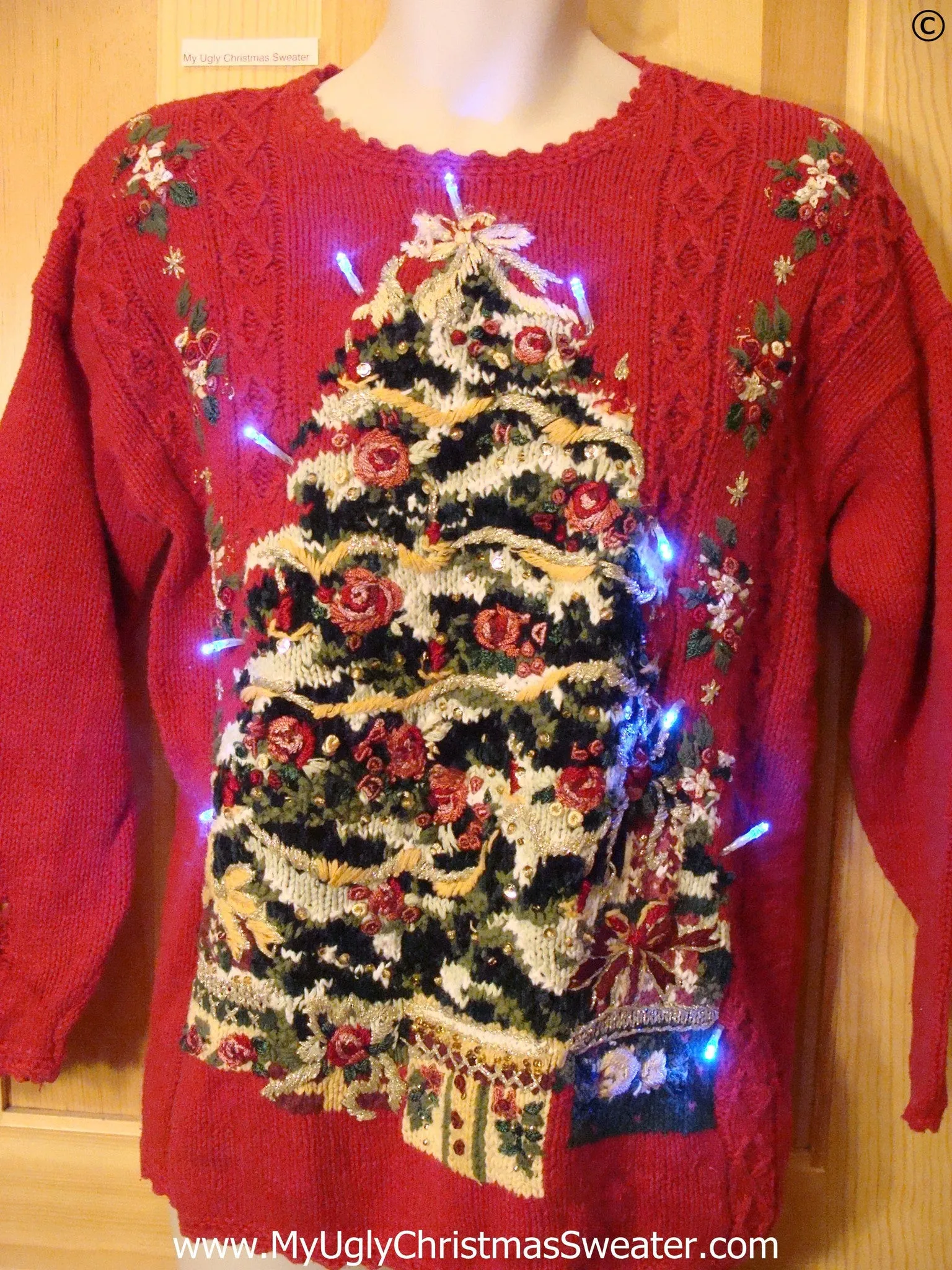 Red Christmas Sweater with Tree and Lights (g261)