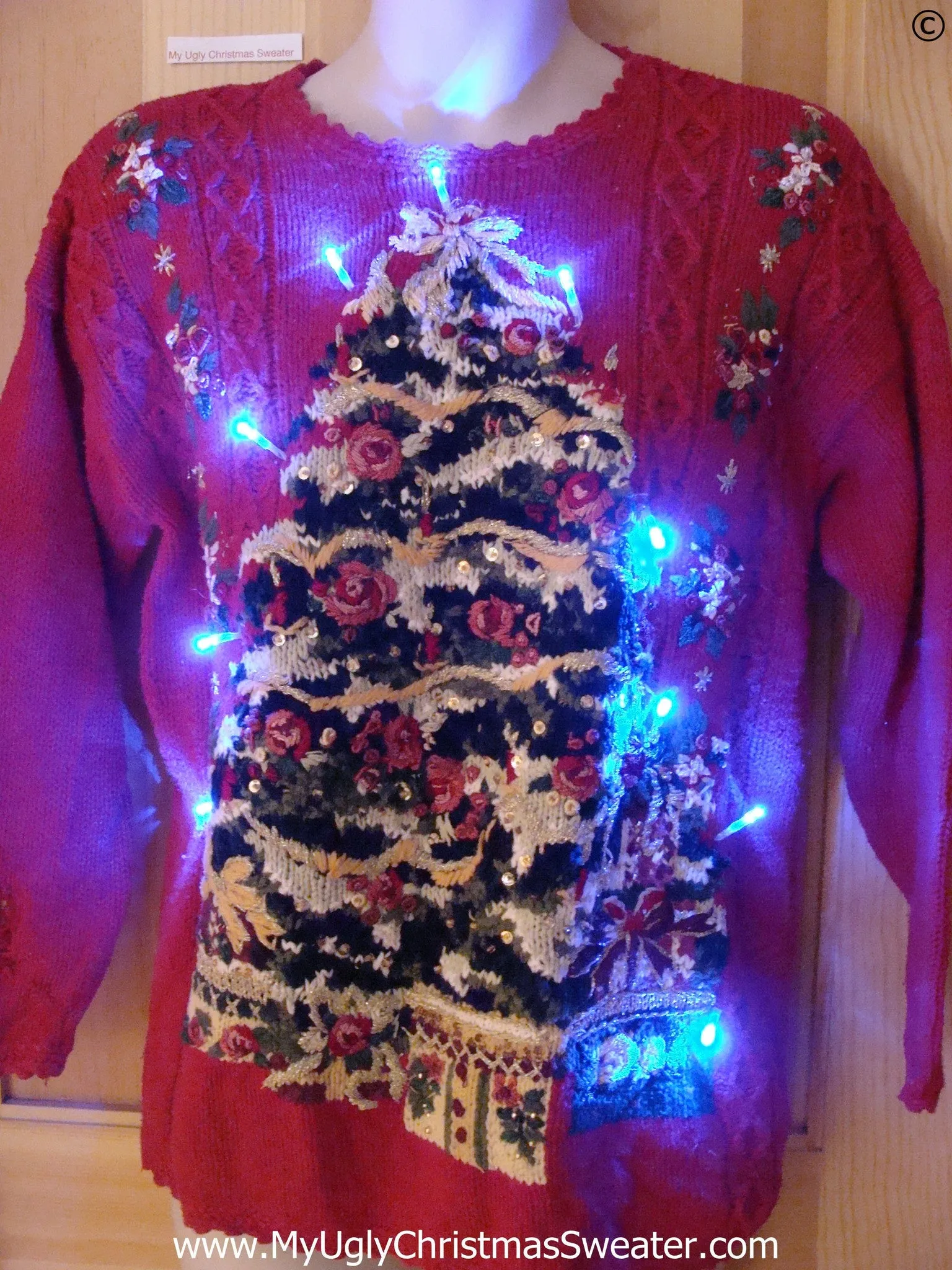 Red Christmas Sweater with Tree and Lights (g261)