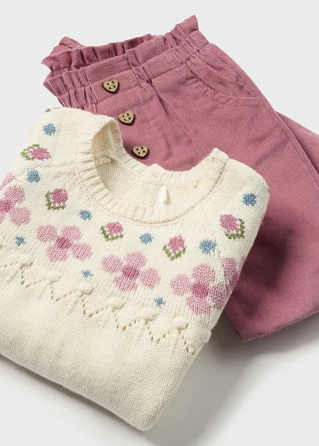 Rose Nordic Blooms Knit Sweater and Corduroy Pant Set