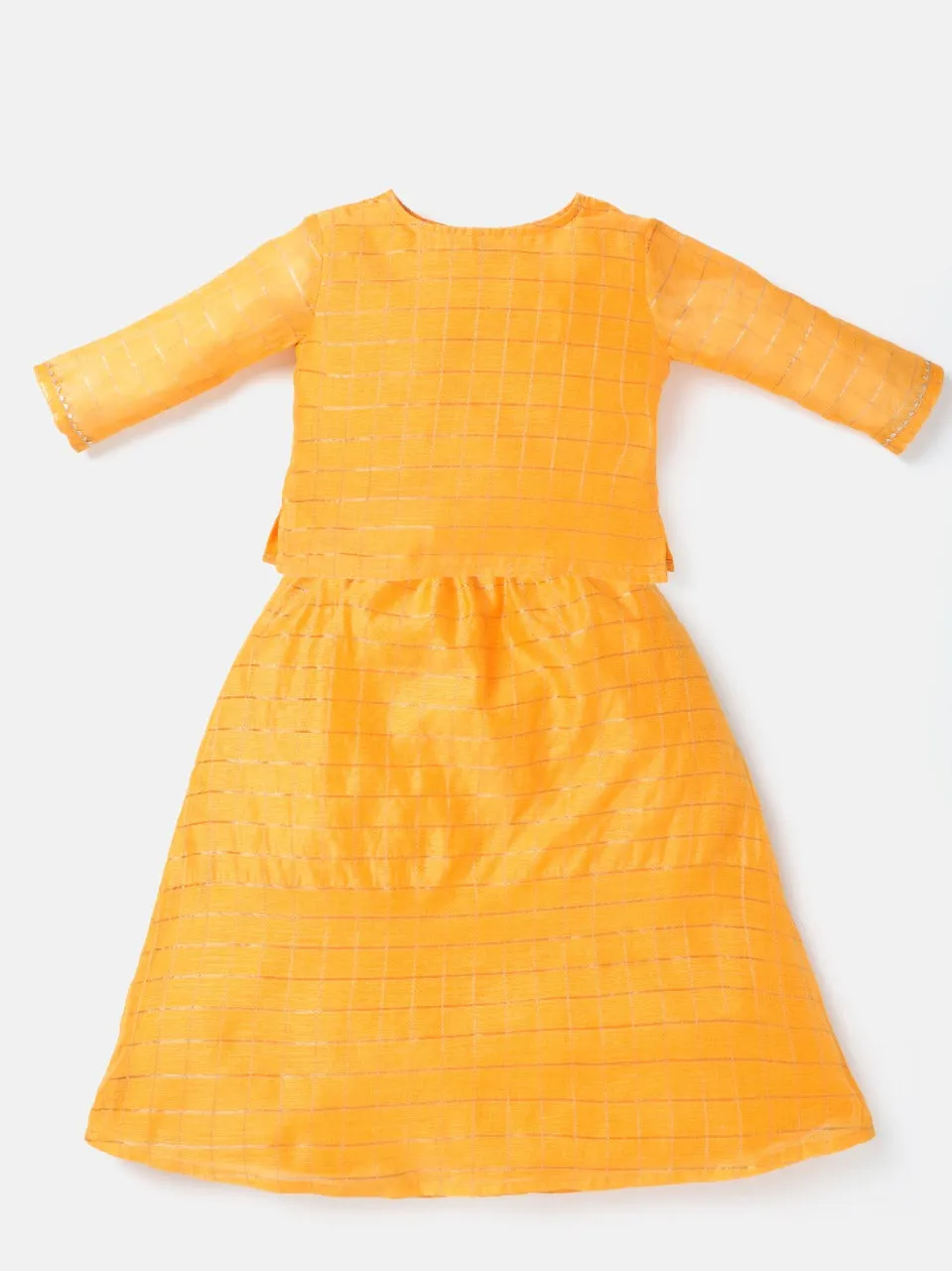 Saaki Girls Yellow Zari Checks Top and Skirt Set