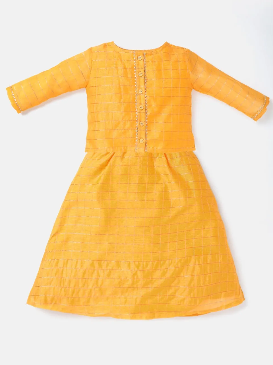 Saaki Girls Yellow Zari Checks Top and Skirt Set