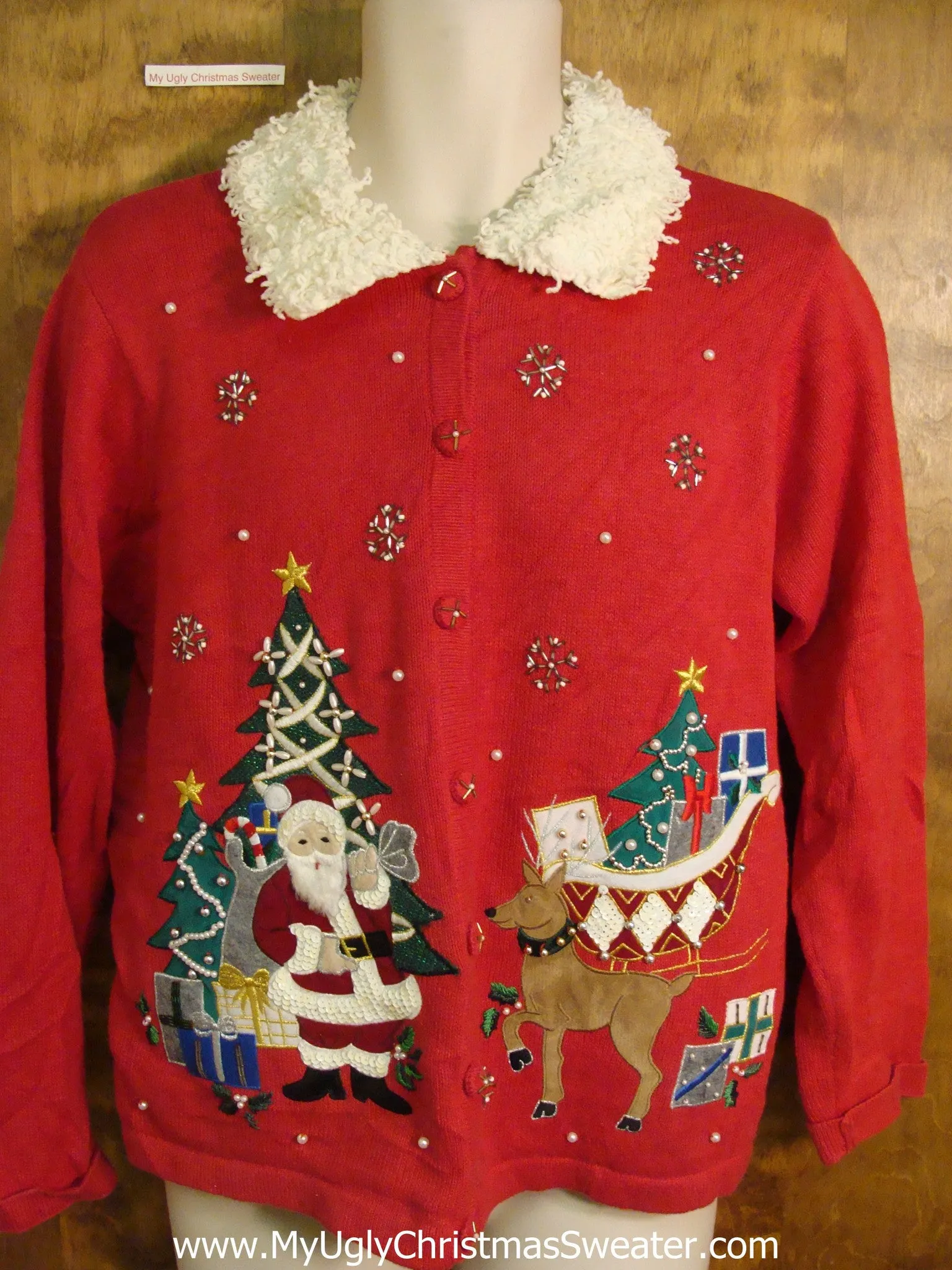 Santa, Reindeer, and Fluffy Collar Bad Christmas Sweater