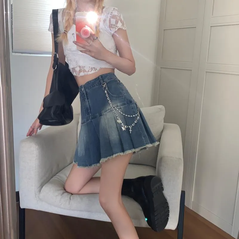 Tassel Women Pleated Skirt Fashion Jeans High Waist Blue A Line Denim Skirt Summer Casual Korean Pocket Ladies Mini Skirts