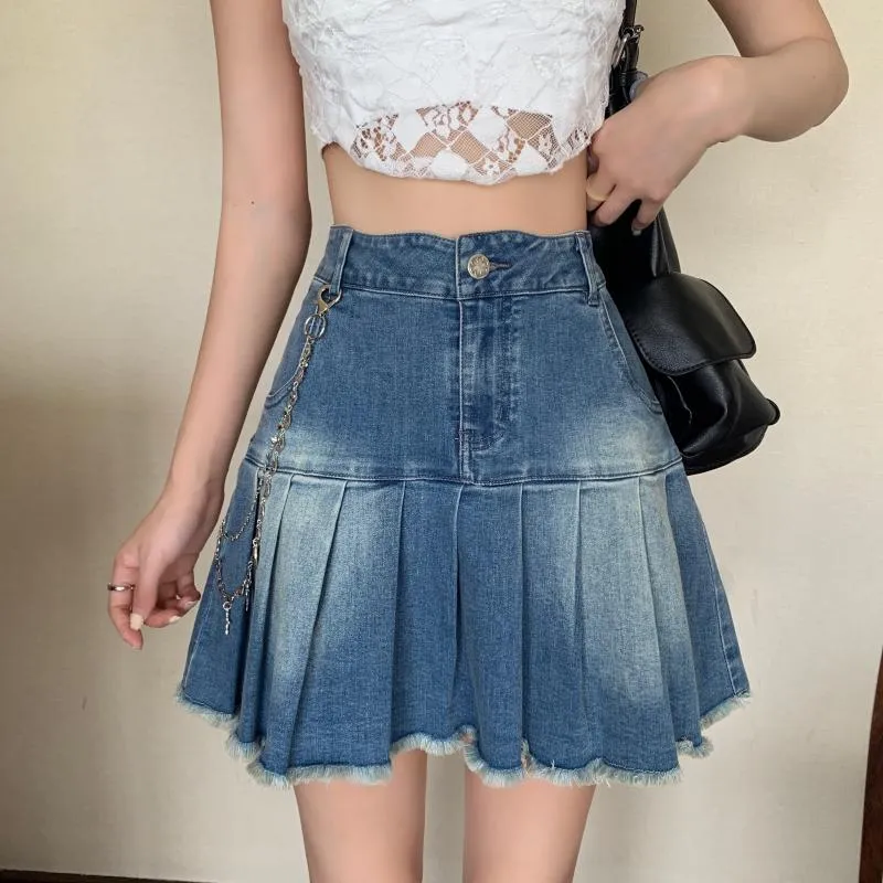 Tassel Women Pleated Skirt Fashion Jeans High Waist Blue A Line Denim Skirt Summer Casual Korean Pocket Ladies Mini Skirts