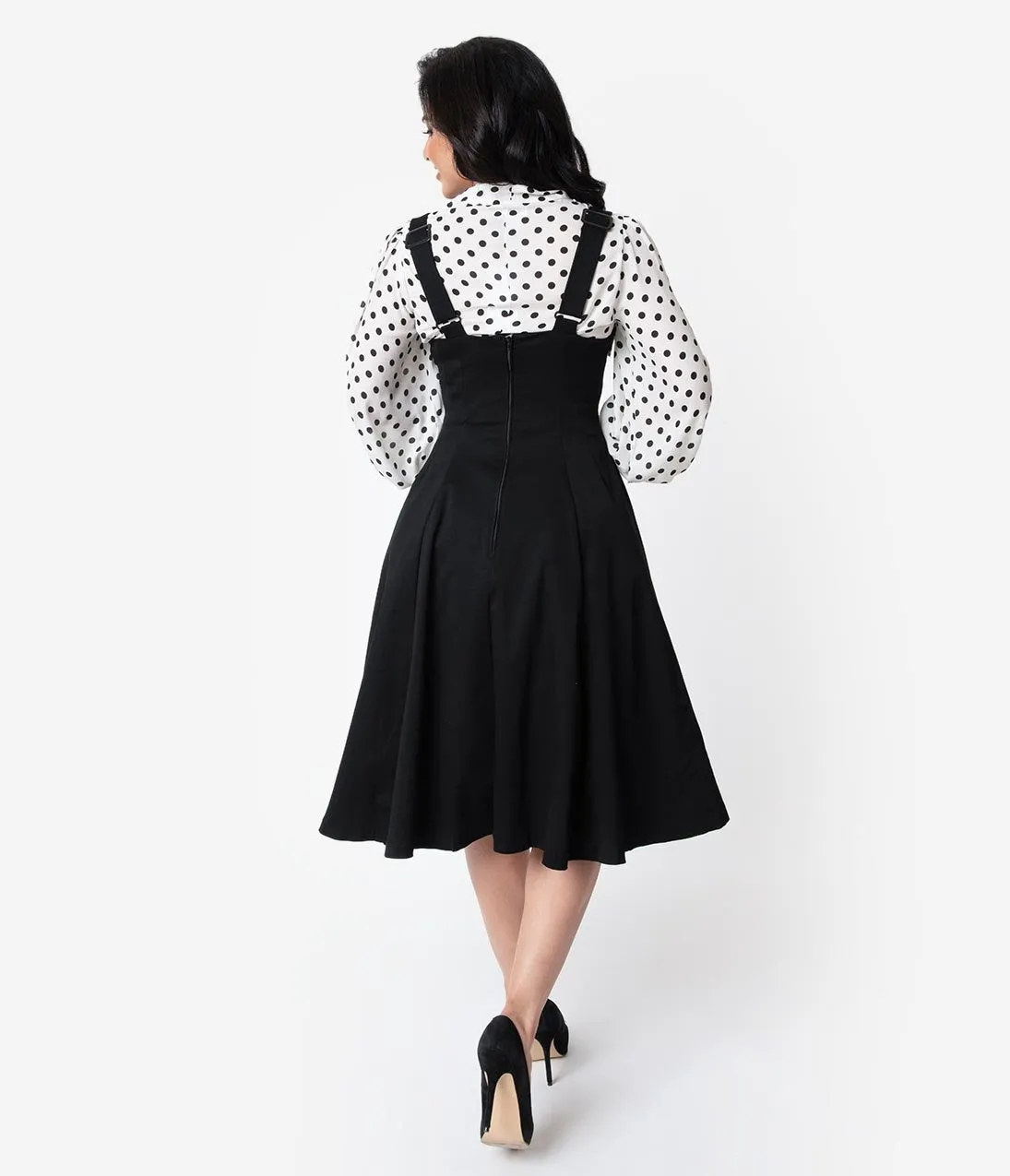 Unique Vintage 1950s Black High Waisted Amma Suspender Swing Skirt